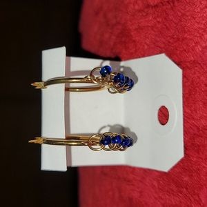Gold Coloured Hoops with Blue Beads (10)